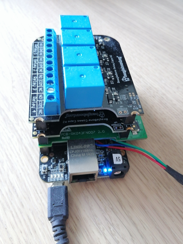 BeagleBone Black with multiple capes - Relay Cape on top.