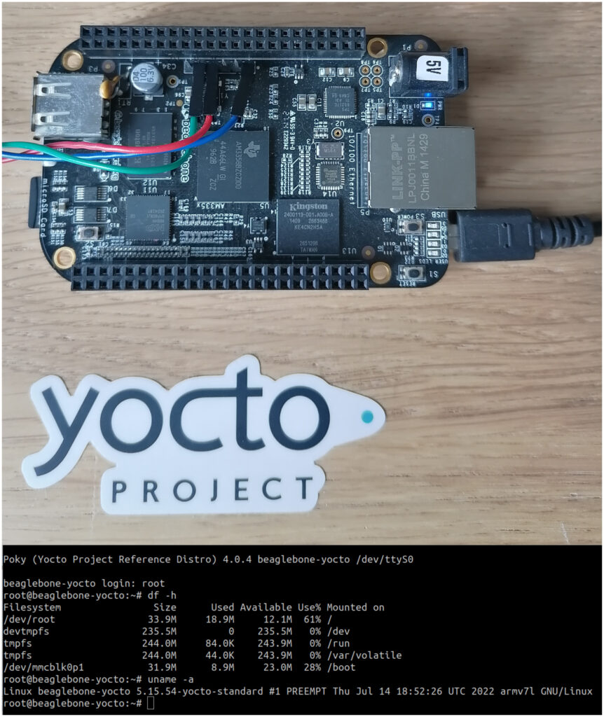 BeagleBone Black board booting on an embedded Linux root filesystem built by the Yocto Project